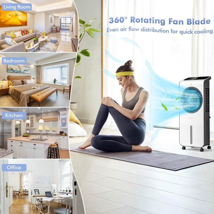 3-in-1 evaporative air cooler with 360° rotating fan blades for efficient cooling in any room, featuring a remote.