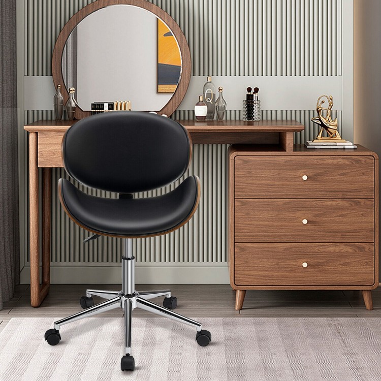 Adjustable black leather office chair with curved seat and bentwood design, perfect for home or office use.