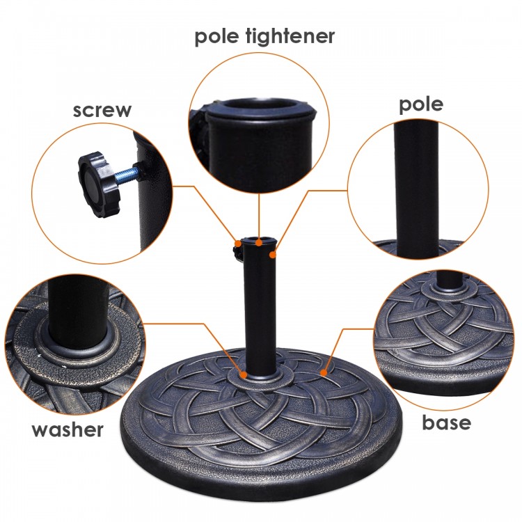 Heavy-duty 22-inch round umbrella base stand with decorative bronze finish and steel pole for secure support.