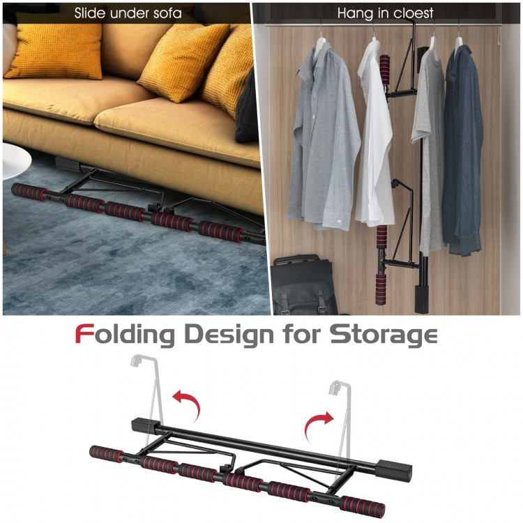 Foldable pull-up bar with foam grip, designed for home gym use, shown in compact storage and under-sofa placement.