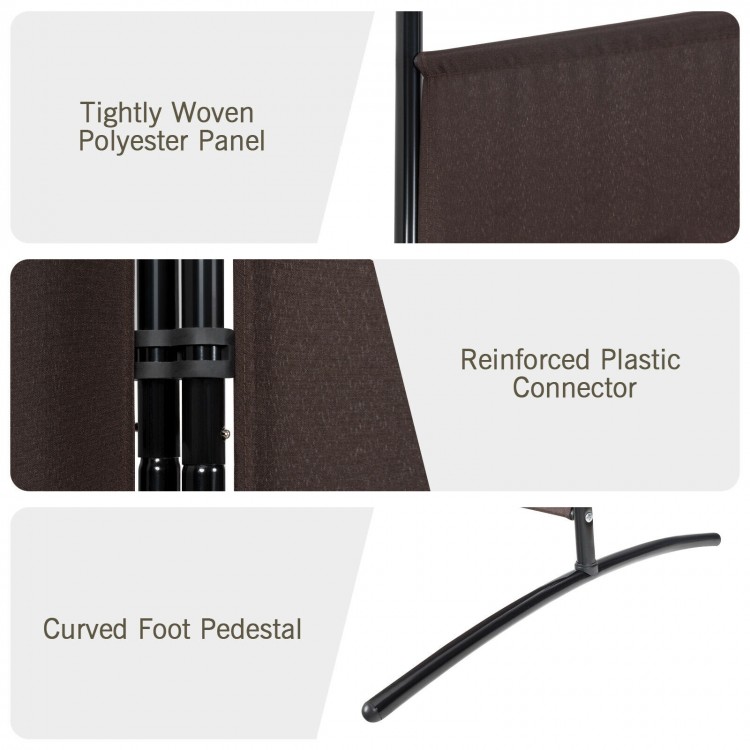 Tightly woven polyester panel and reinforced plastic connector of a brown 3-panel room divider for office privacy.