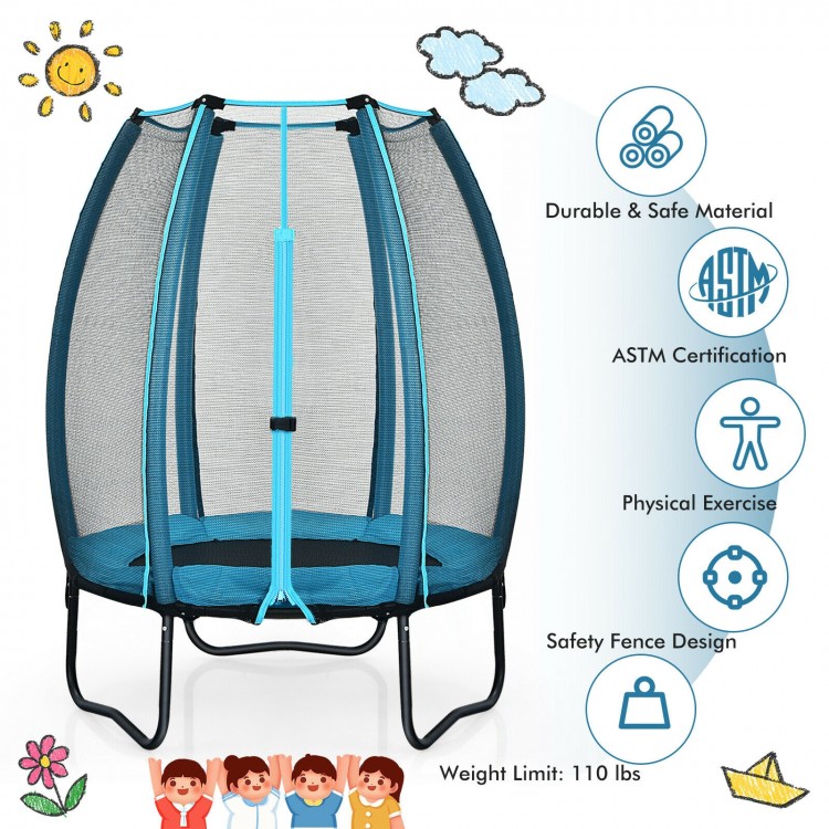 4 feet kids trampoline with blue enclosure net, ASTM certified, features safety fence design for indoor and outdoor.