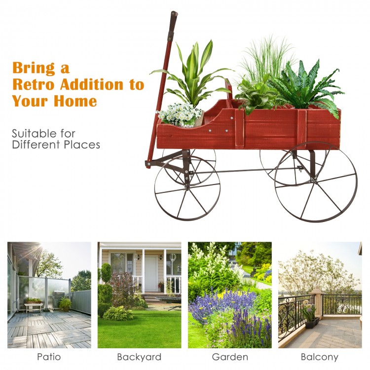 Wooden wagon plant bed in red with wheels, featuring two planting sections, ideal for garden or patio use.