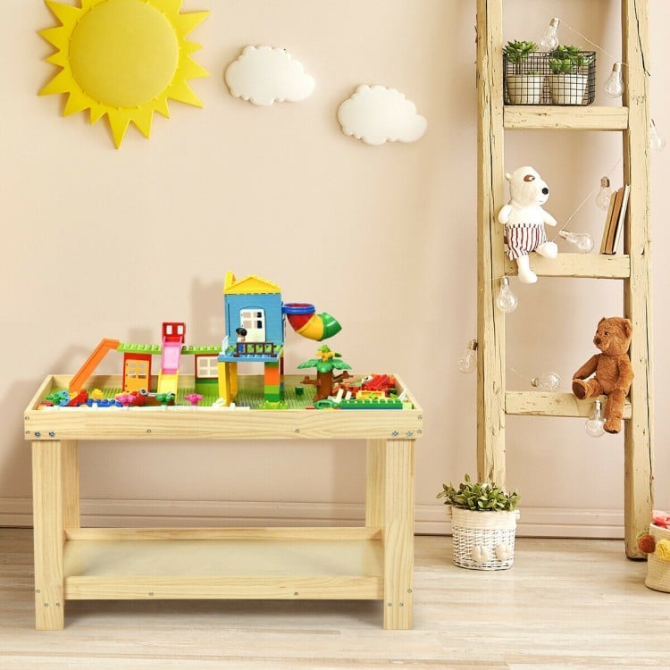 Natural pine wood kids activity play table with removable top, ideal for building blocks and storage for toys and.