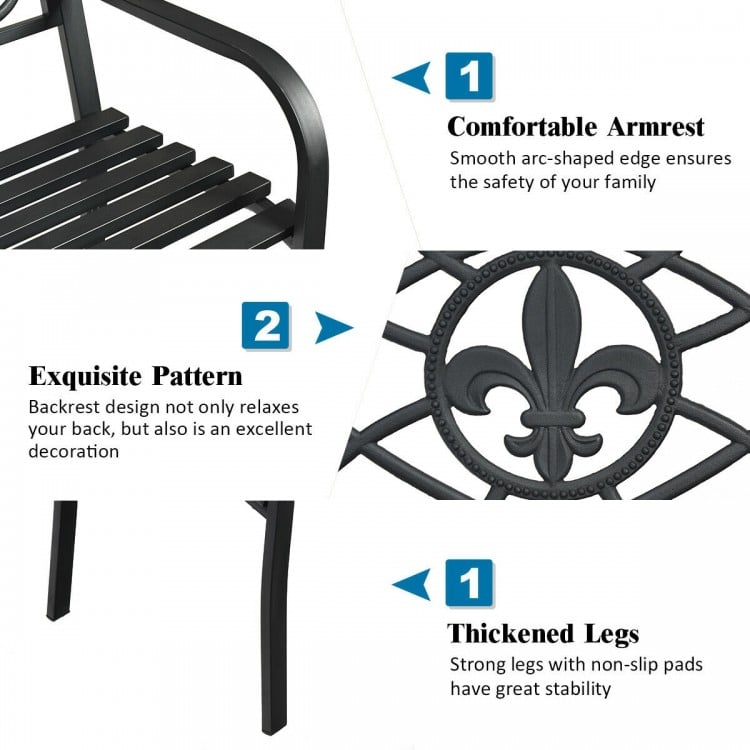 50-inch heavy-duty metal garden bench with exquisite backrest, comfortable armrests, and thickened legs for stability.