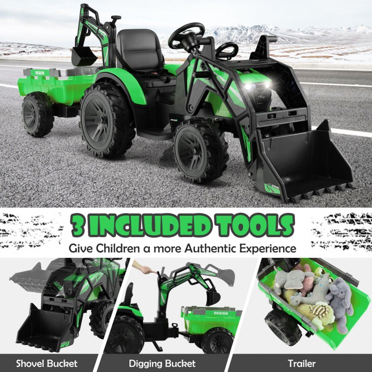 Kids ride-on excavator in green with shovel bucket, digging bucket, and trailer for fun outdoor adventures.