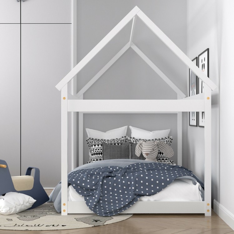 Kids platform floor bed with roof in white, featuring sturdy wooden frame and thickened slats for stability and.