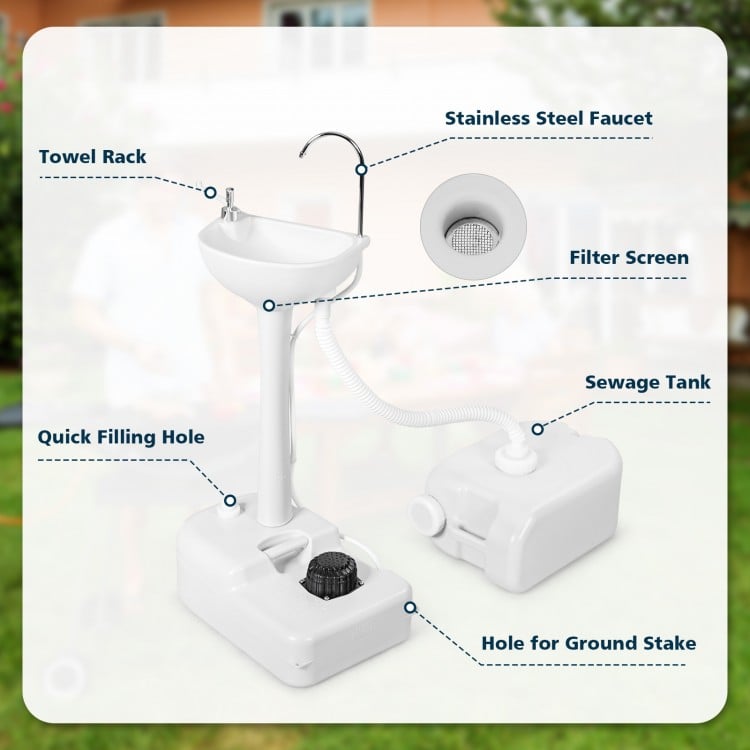 Camping hand wash station with 4.5-gallon tank, stainless steel faucet, and towel rack for hygiene on-the-go.