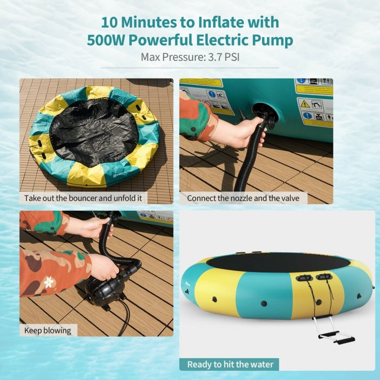 Inflatable splash padded water bouncer in yellow, featuring a large jumping area and electric pump for quick setup.