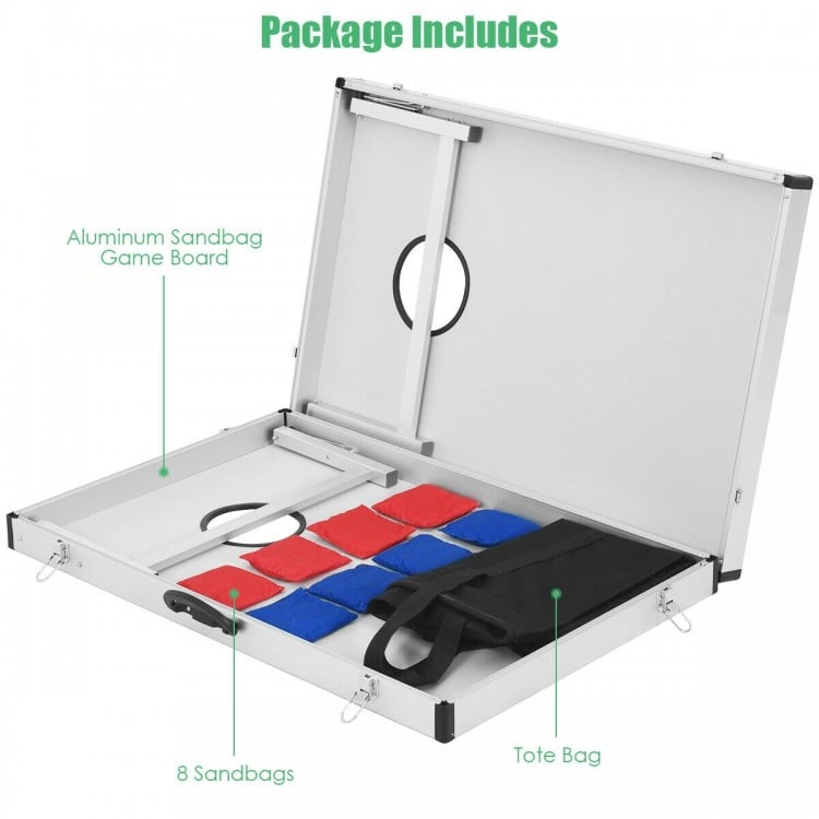 Foldable cornhole set featuring aluminum game board, 8 sandbags, and tote bag for easy transport and storage.
