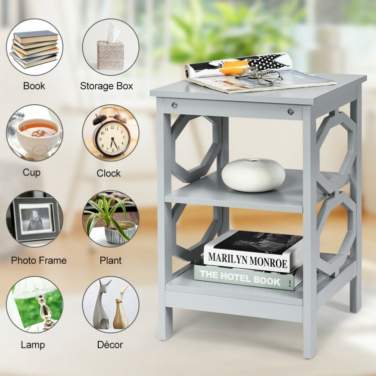 Gray 3-tier nightstand with open compartments for storage, ideal for living room or bedroom decor.