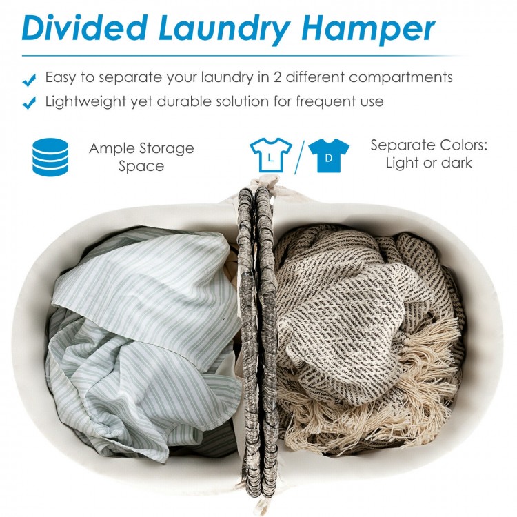 Handwoven gray laundry hamper with two removable liner bags for separating colors, ideal for bedroom or laundry room.