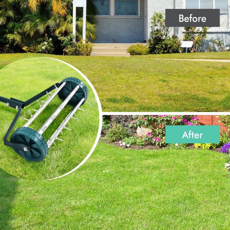 18-inch rolling lawn aerator with tine spikes, showcasing before and after lawn aeration for healthier grass growth.