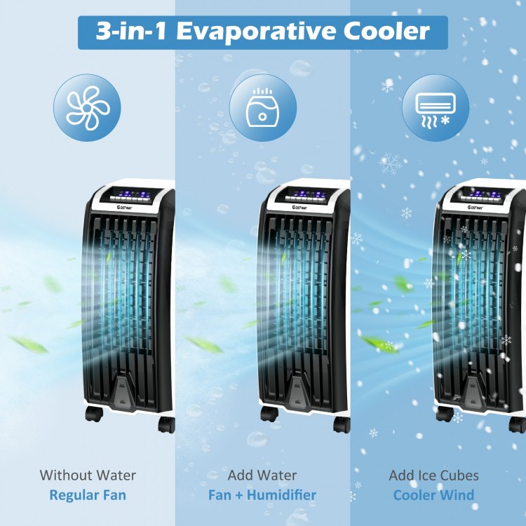 Portable evaporative air cooler with 3 wind modes, ice crystal boxes, and remote control for customizable cooling.