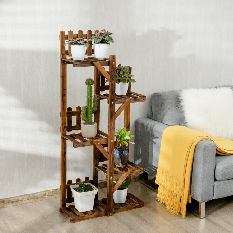5-tier wood plant stand with triangular brackets, displaying six pots for optimal plant growth and breathability.
