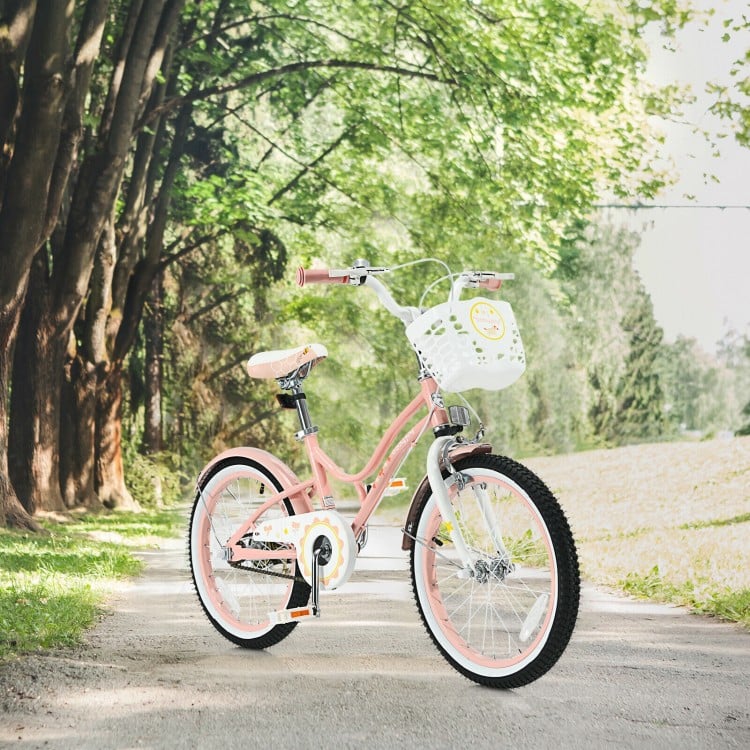 Adjustable 18-inch pink kids bike with training wheels, removable basket, and sturdy carbon steel frame for safe riding.