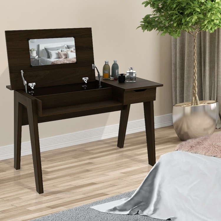 Dressing table with flip mirror and storage drawer, viewed from the side, showcasing its elegant design and sturdy.