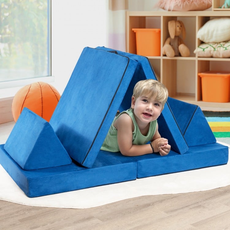 Convertible kids couch set in blue with two folding mats and triangular pillows, perfect for imaginative play and.