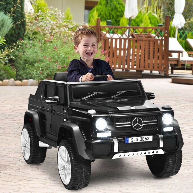 Licensed Mercedes-Benz kids ride-on car in black with LED lights, parental control, and spring suspension for smooth.