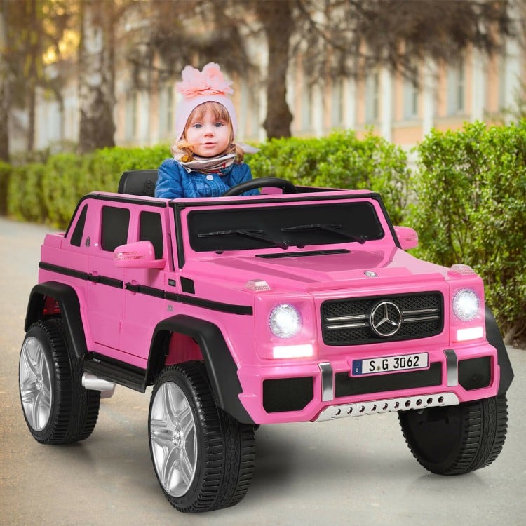 Licensed Mercedes-Benz kids ride-on car in pink with LED lights, parental control, and spring suspension for smooth.