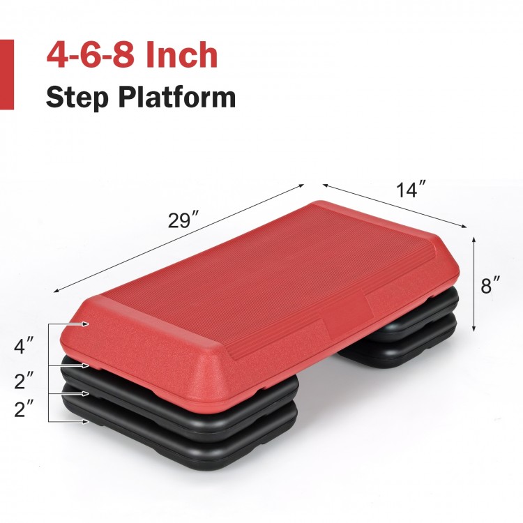 Adjustable red aerobic stepper platform with 4 detachable risers, 29 inches long, for versatile home workouts.
