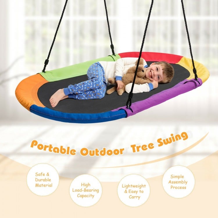 Oval 60-inch multicolor outdoor swing with adjustable height, sturdy fabric, and 700lbs capacity for kids' fun.