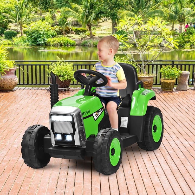 Ride-on tractor for kids with detachable trailer, 12V motor, remote control, and safety features in vibrant green.