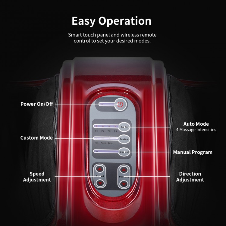Close-up of the control panel of the Therapeutic Shiatsu Foot Massager with remote, featuring adjustable speeds and.