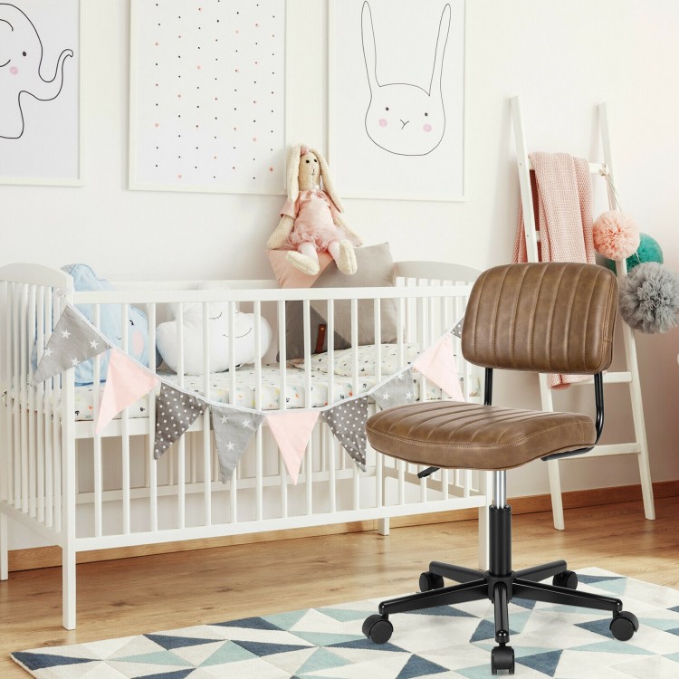 Brown PU leather adjustable office chair with backrest, placed beside a crib in a nursery setting for versatile use.
