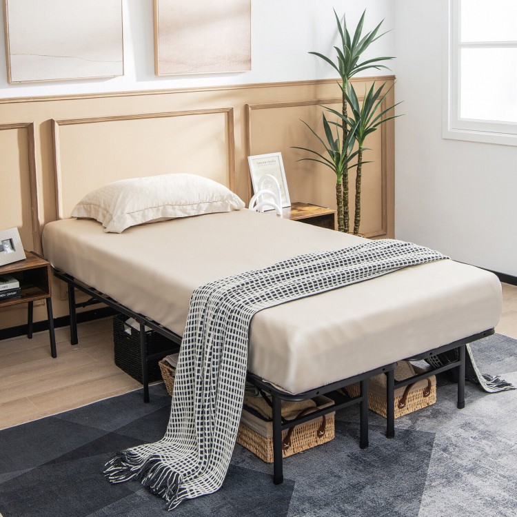 Folding steel platform bed frame in full size with beige bedding, ideal for guest use and convenient storage.