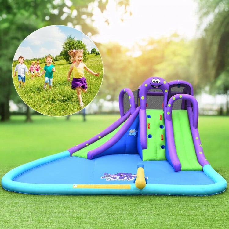 Inflatable water park with a super tall slide, large splashing pool, and water cannon for summer fun in the backyard.