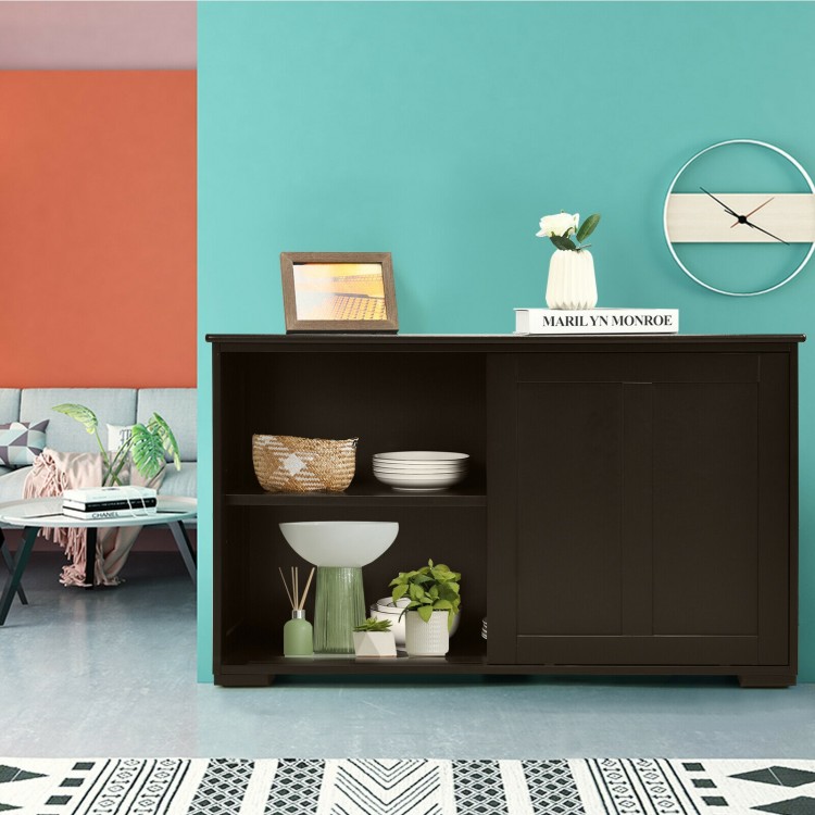 Kitchen storage cabinet with wood sliding door, featuring spacious top and two shelves, perfect for kitchen.