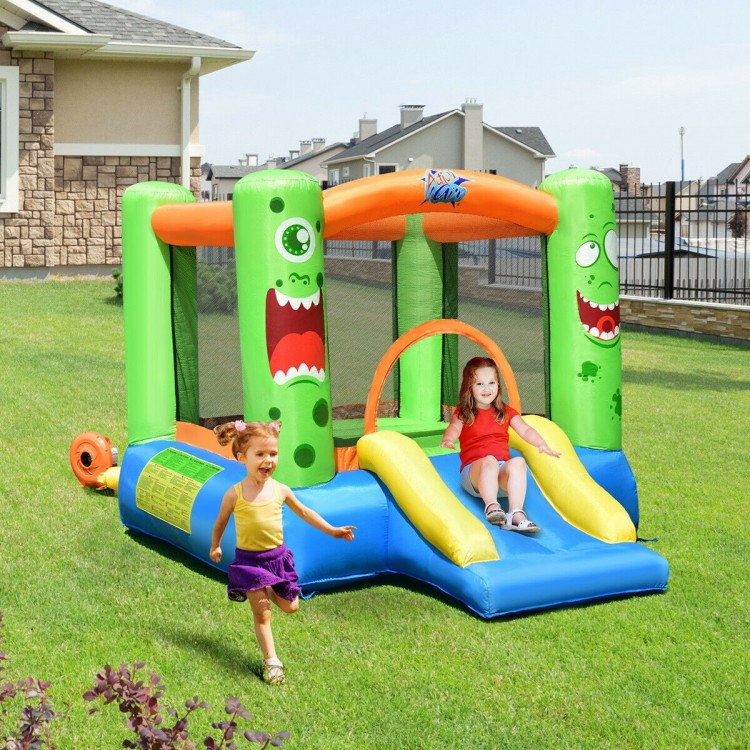 Bright inflatable castle bounce house with slide, featuring mesh walls and vibrant colors for kids' outdoor play.