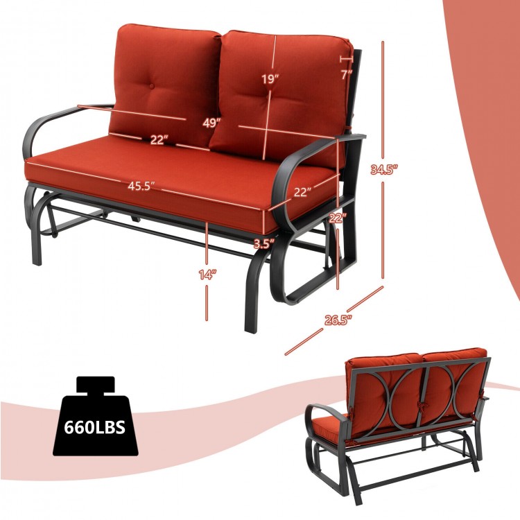 Brick red cushioned patio glider loveseat with ergonomic armrests, sturdy steel frame, ideal for outdoor relaxation.