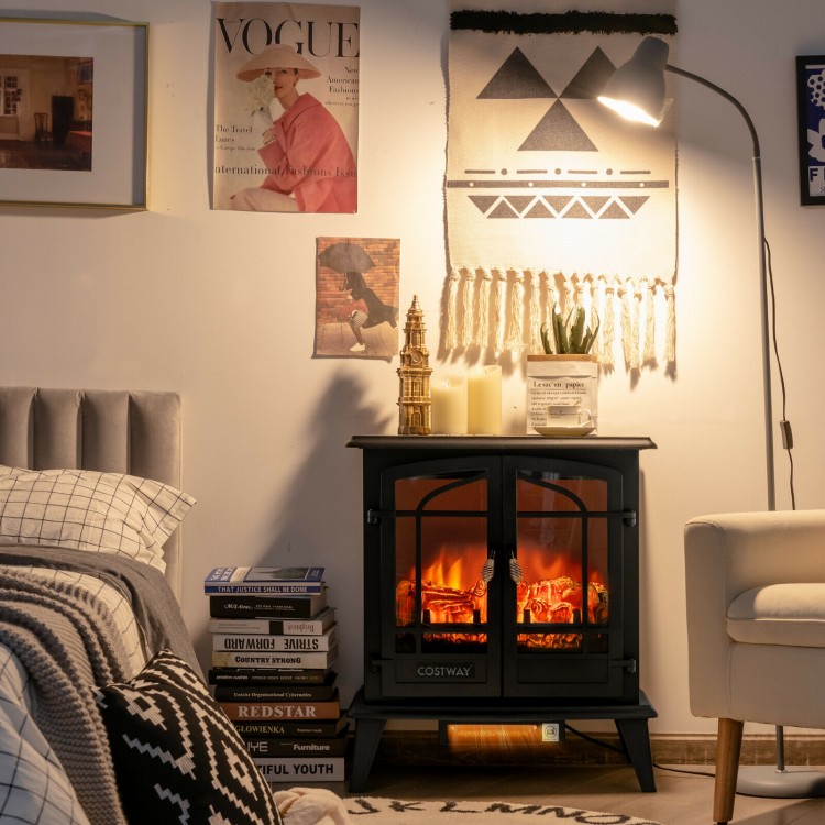 Freestanding 25-inch electric fireplace heater in black with realistic flame effect, perfect for cozy indoor spaces.