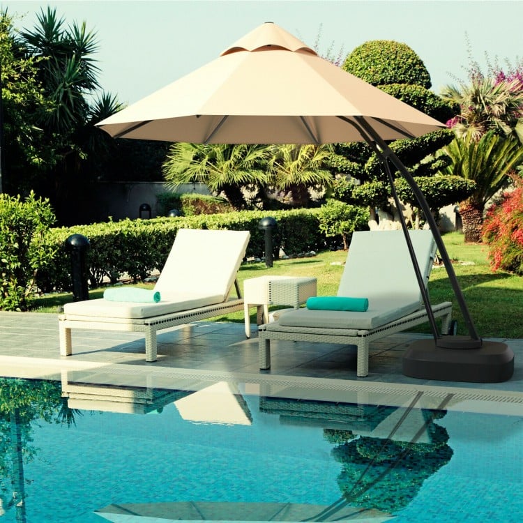 11 feet beige outdoor cantilever umbrella with powder-coated aluminum frame and wheels, perfect for poolside shade.