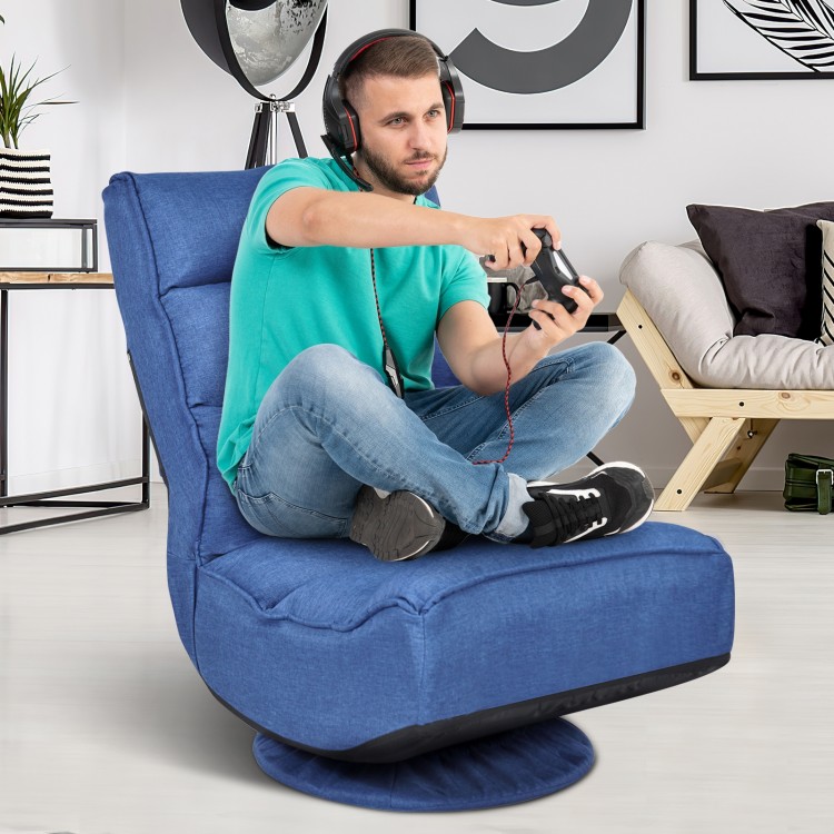 Navy 5-position folding floor gaming chair with 360-degree swivel base, perfect for comfortable gaming sessions.