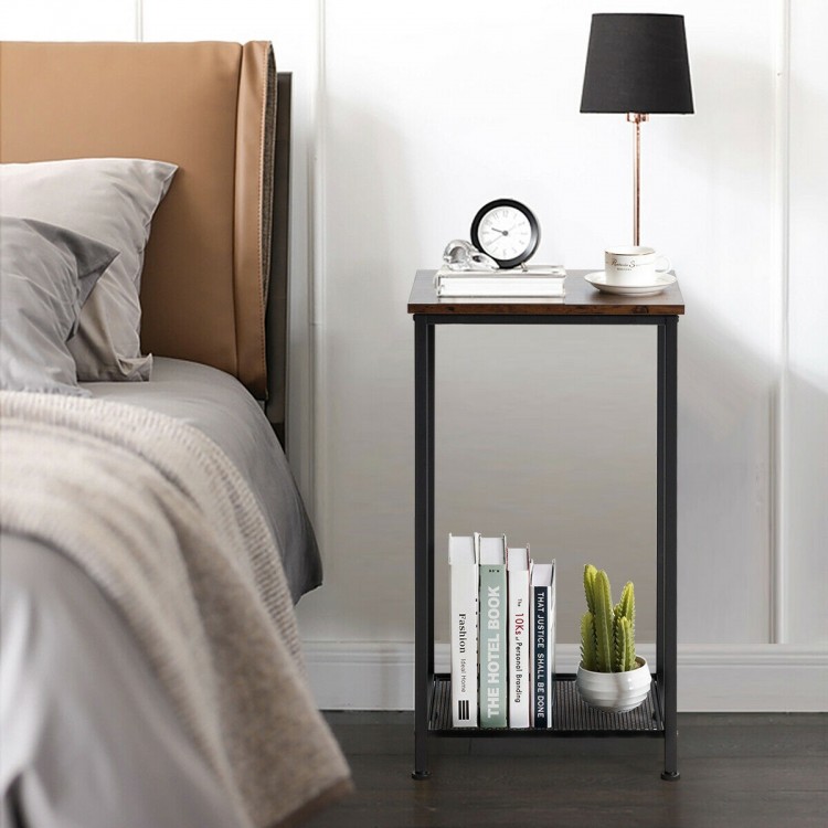 2-tier industrial end table with metal mesh storage shelves, featuring a rustic top and durable steel frame for.