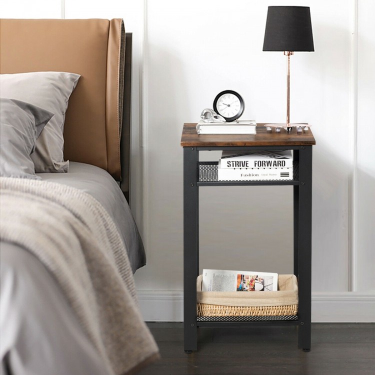 Industrial 3-tier end table with a rustic top and metal mesh storage shelves, perfect for bedroom or living room use.