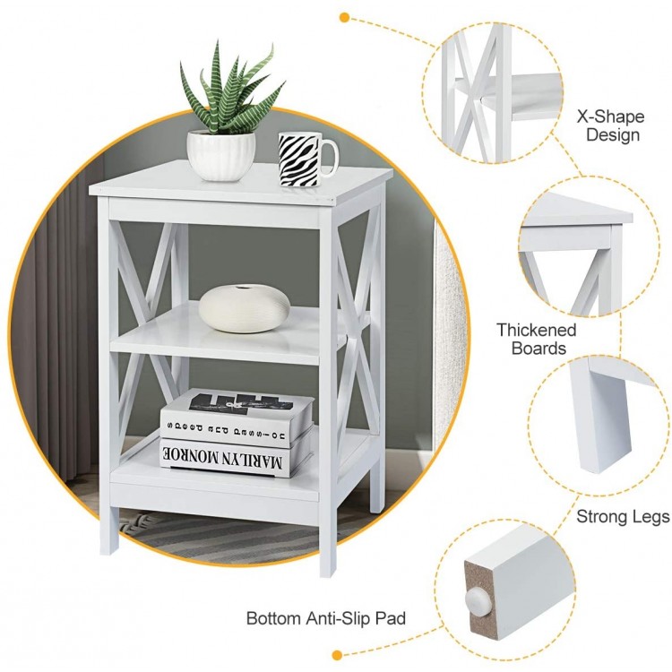 3-tier white nightstand with X-design, featuring ample storage shelves and anti-slip pads, ideal for living room or.