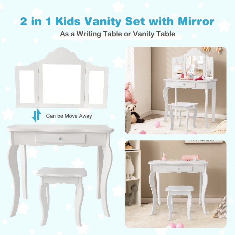 Kids vanity table set with removable mirror, sturdy stool, and large drawers, perfect for writing or makeup activities.