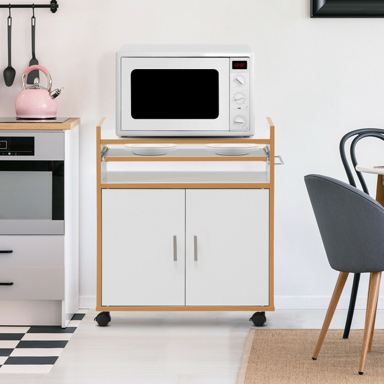 Rolling kitchen island on wheels with removable shelf, towel rack, and durable engineered wood for versatile storage.