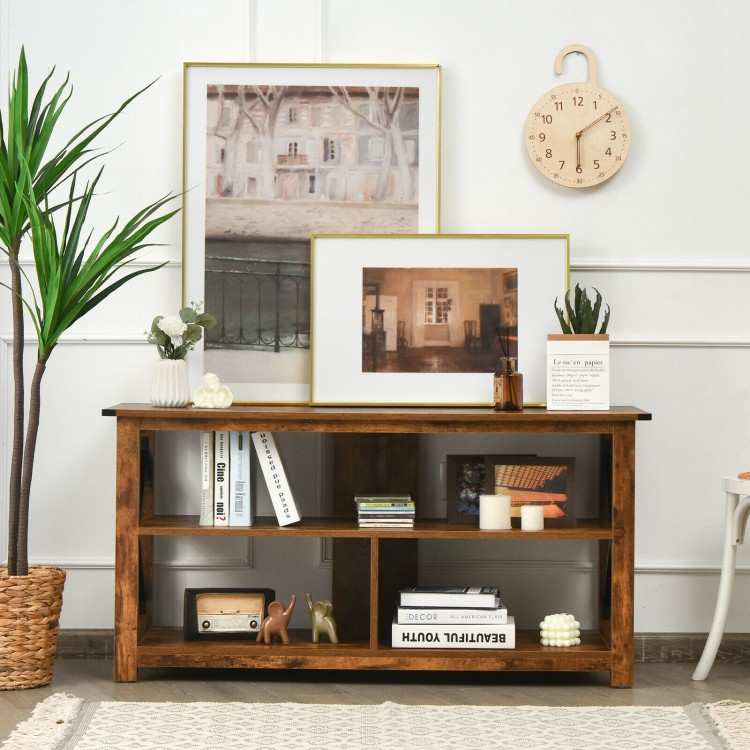 Modern farmhouse TV stand in brown with open shelves, designed for TVs up to 55 inches, perfect for living room or.