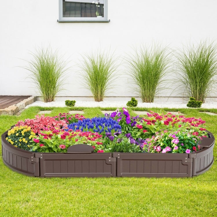 Brown sandbox with built-in corner seats, dust-proof cover, and bottomless design for outdoor play and creativity.