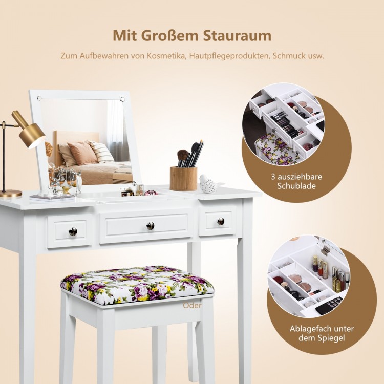 Vanity dressing table set with flip top mirror, three drawers, and floral stool for organized cosmetics storage.
