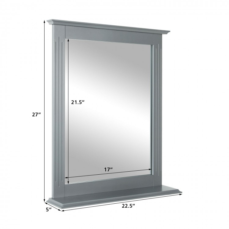 Wall-mounted gray vanity mirror with shelf, high-definition glass, elegant design, ideal for hallway or bathroom use.