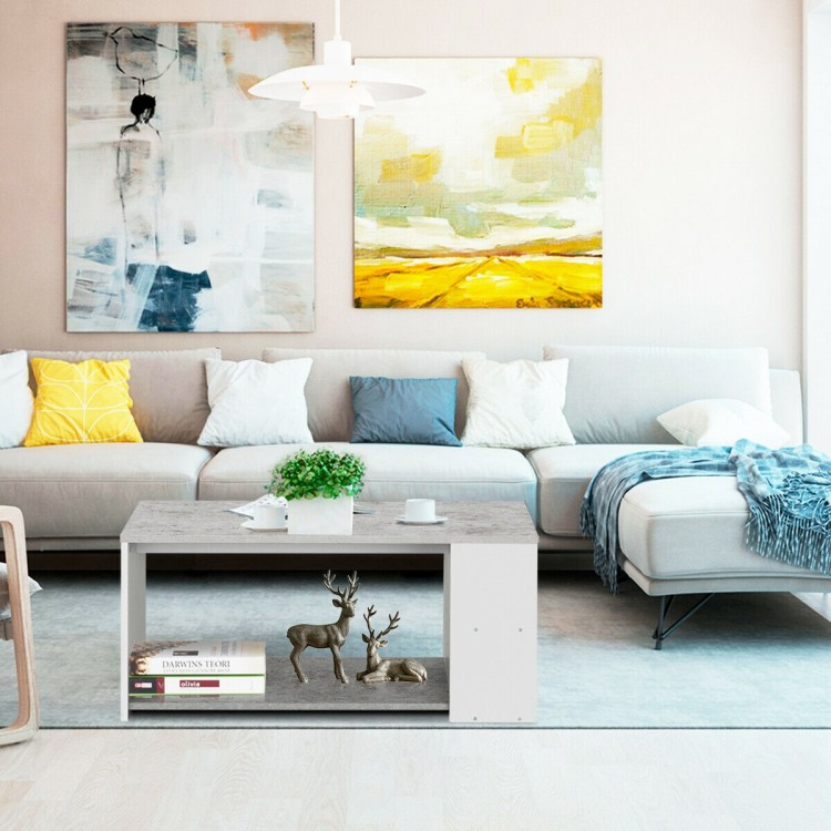 Gray coffee table with storage shelves, made of P2 MDF, ideal for living room or office use, featuring a modern design.