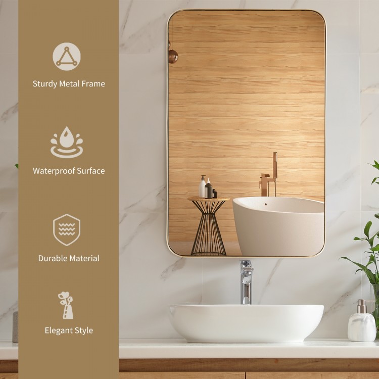 Rectangular 32x20 inch wall-mounted mirror with a golden metal frame, ideal for bathrooms and living spaces.