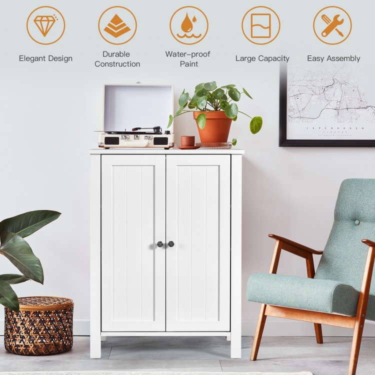2-door white bathroom storage cabinet with adjustable shelves, suitable for towels and toiletries, featuring durable.
