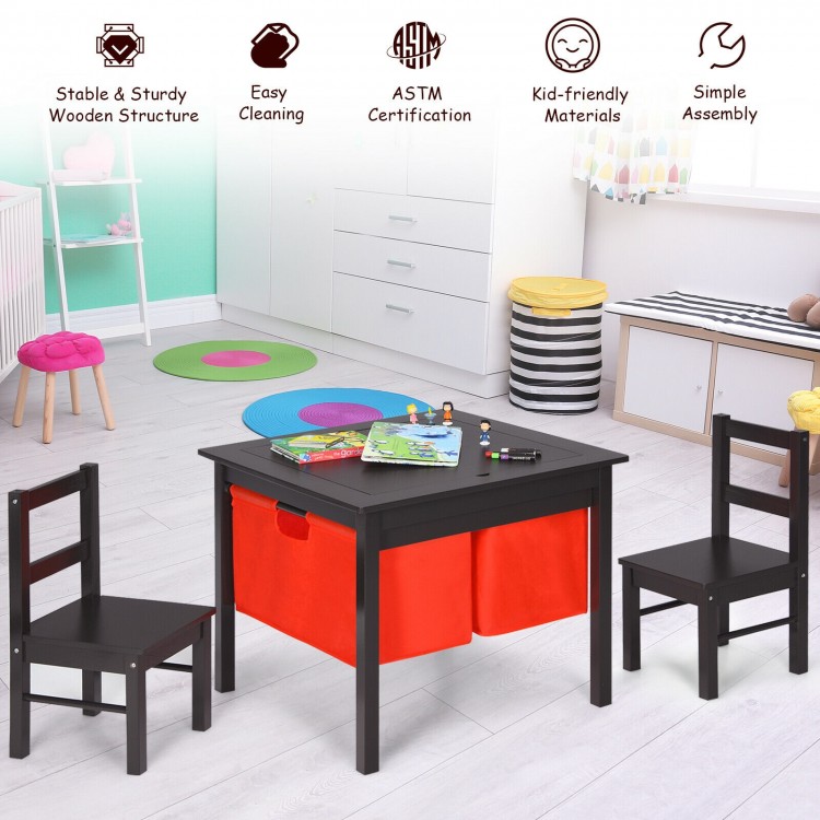 Kids activity table with storage drawers and two chairs in dark brown, perfect for playroom or bedroom use.
